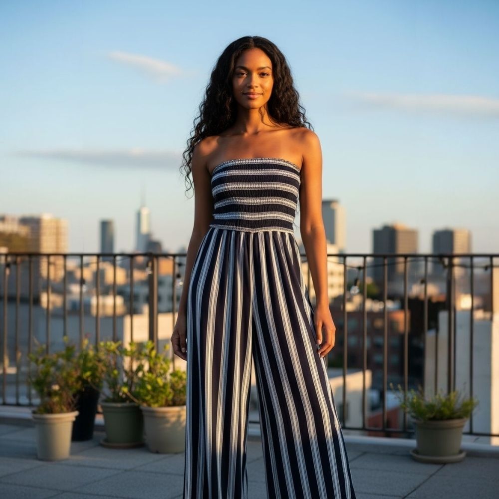Mlle Gabrielle Navy and White Striped Strapless Jumpsuit S